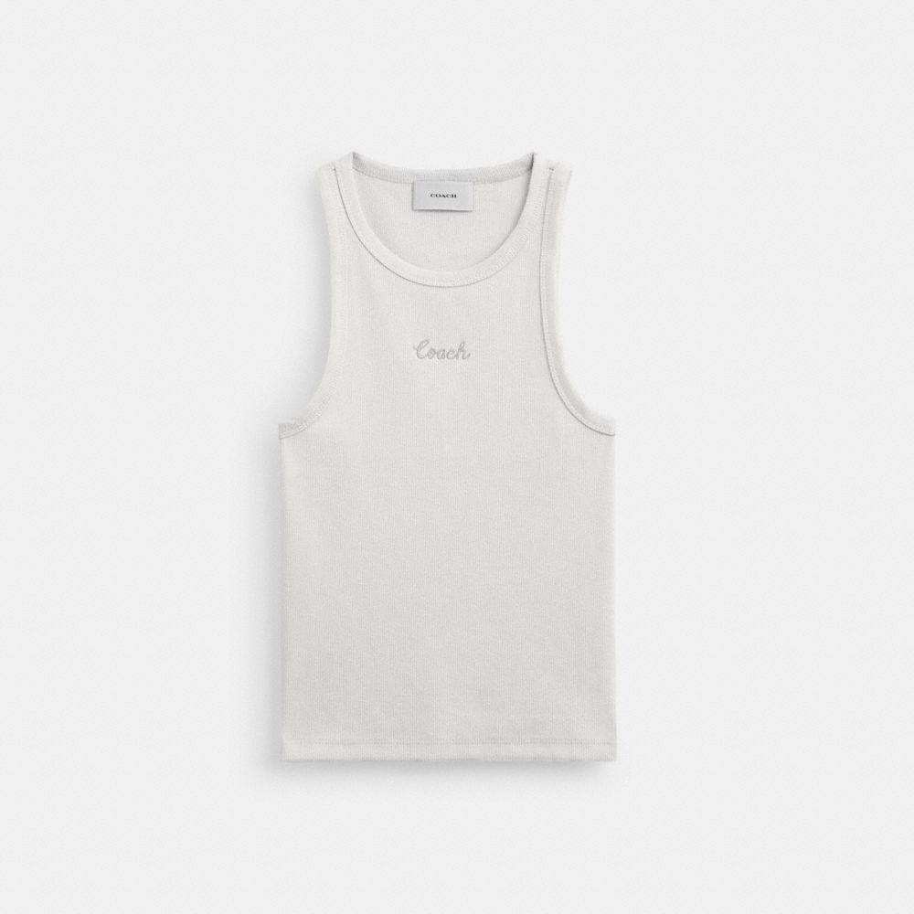 COACH®,Ribbed Coach Script Tank Top,Cotton,Tank,Ribbed,Embroidered,Logo,Casual,Gray,Front View