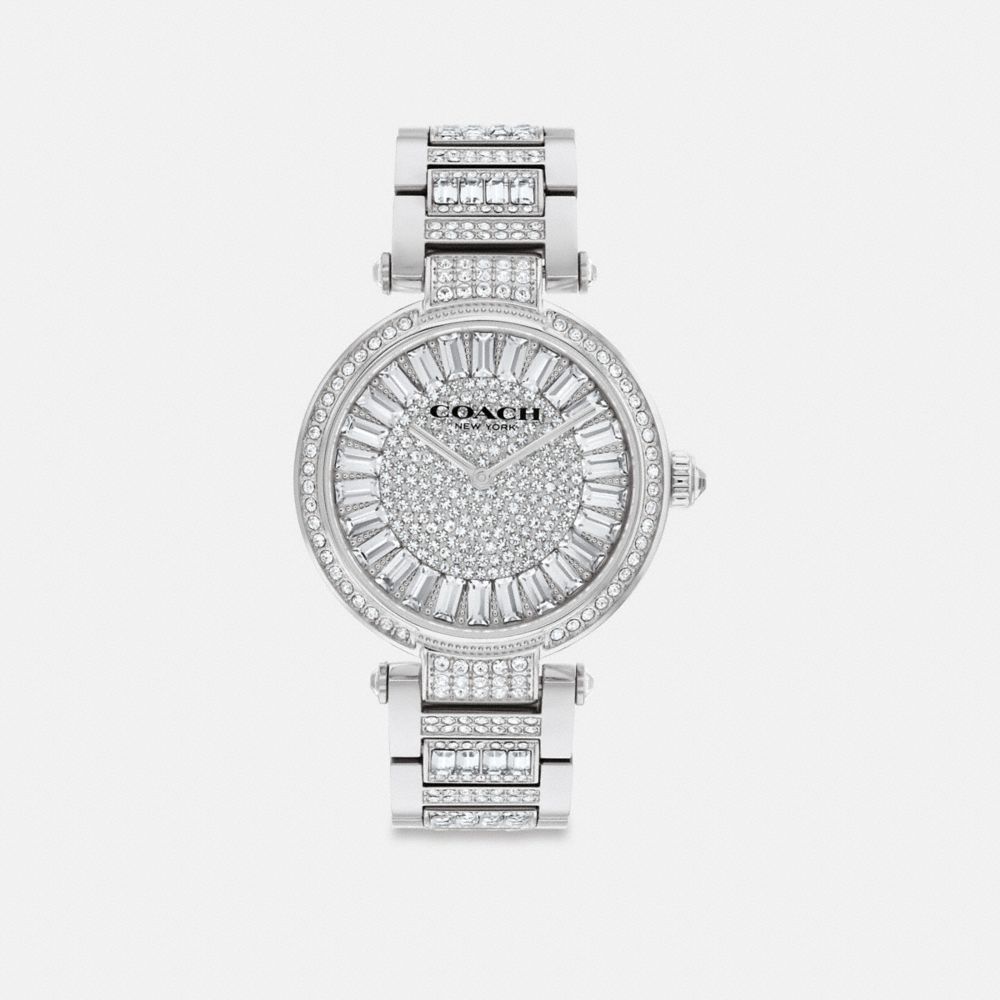 COACH®,Cary Watch, 34 Mm,Analog,Crystal,Logo,Gem Embellishment,Word Embellishment,Water Resistant,Stainless Steel,Cocktail,Clear,Front View
