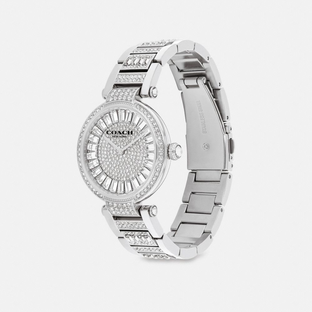 COACH®,Cary Watch, 34 Mm,Analog,Crystal,Logo,Gem Embellishment,Word Embellishment,Water Resistant,Stainless Steel,Cocktail,Clear,Angle View