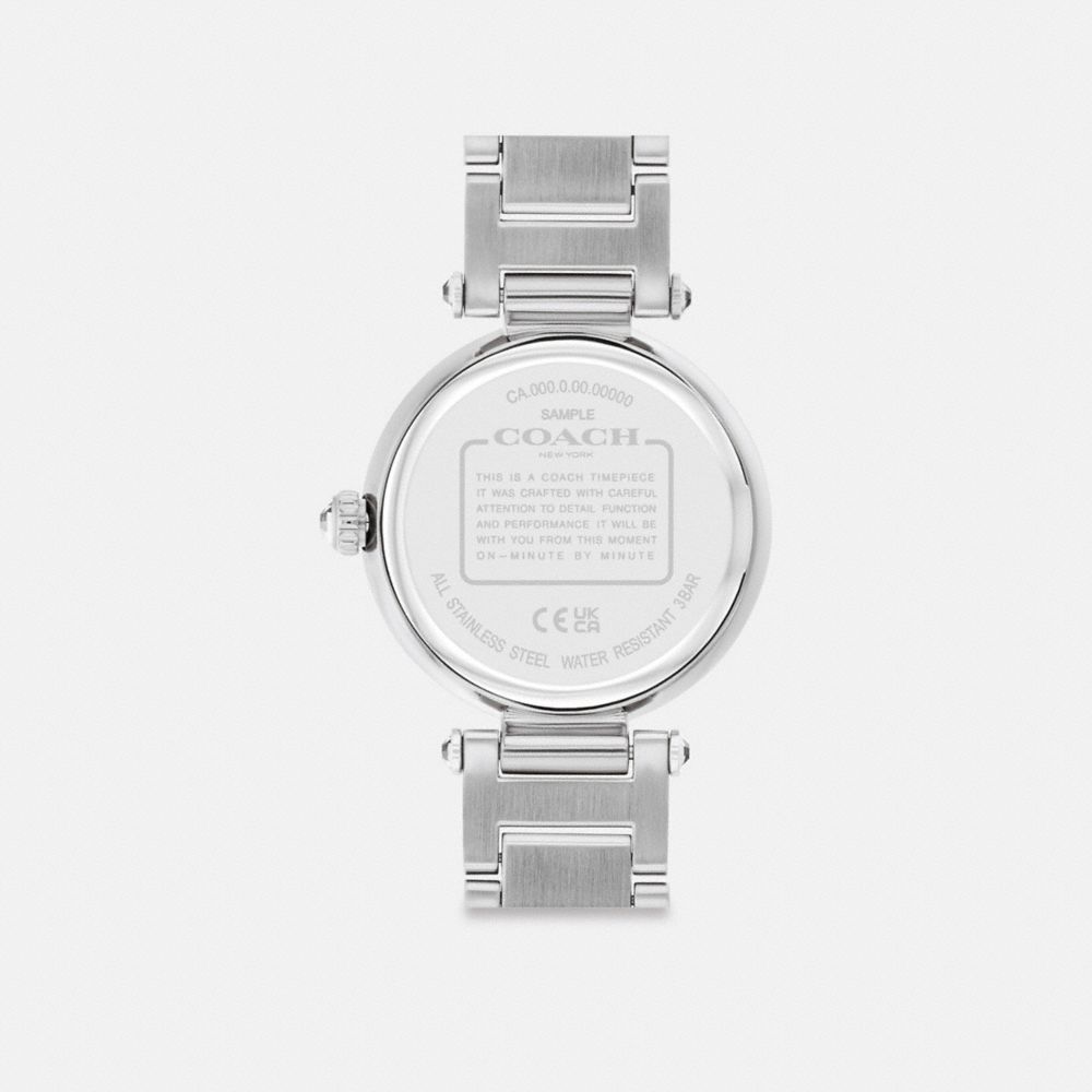 COACH®,Cary Watch, 34 Mm,Analog,Crystal,Logo,Gem Embellishment,Word Embellishment,Water Resistant,Stainless Steel,Cocktail,Clear,Back View