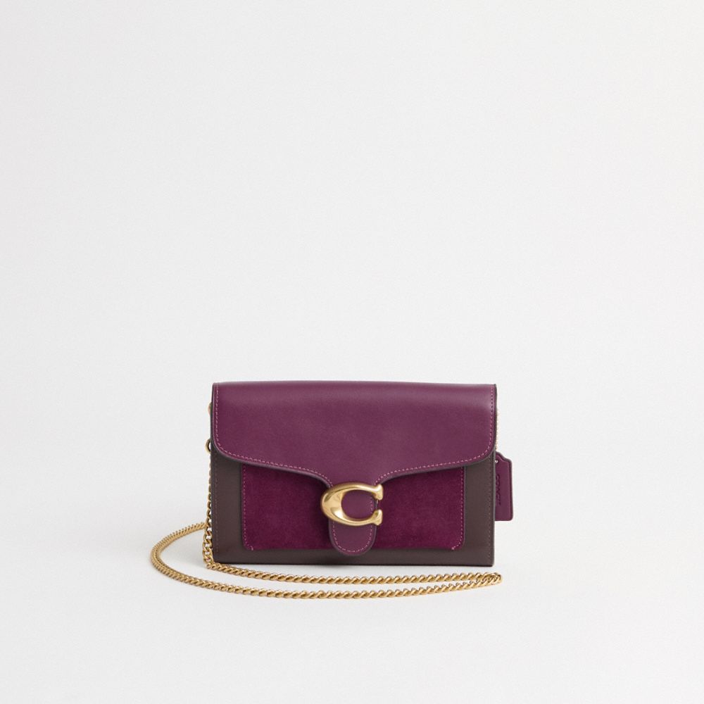 COACH®,Restored Tabby Chain Clutch,Suede,Calfskin Leather,Clutch,Color Block,Embossed,Logo,Sustainable,Gold Metal,Day Party,Purple,Front View