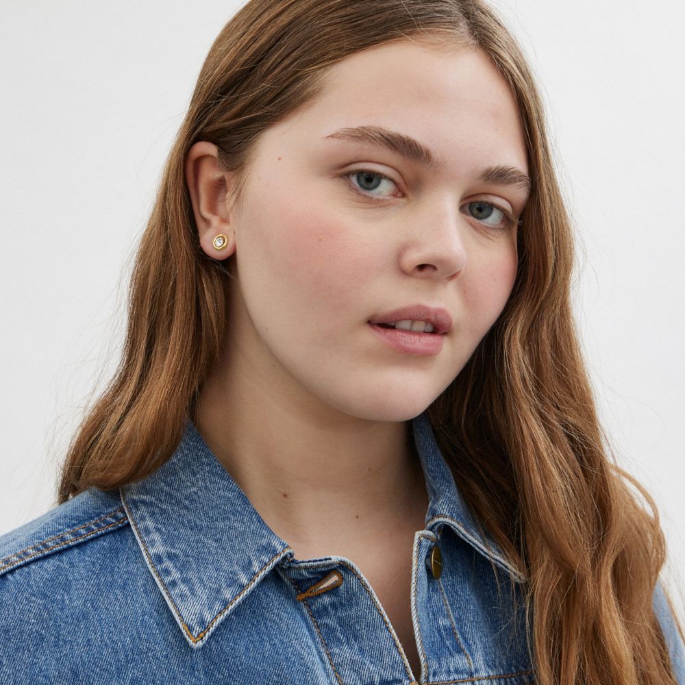 COACH®,Halo Round Stud Earrings,Studs,Glass,Crystal,Cubic Zirconia,Gem Embellishment,Brass,Titanium,Casual,Work,Clear,Detail View