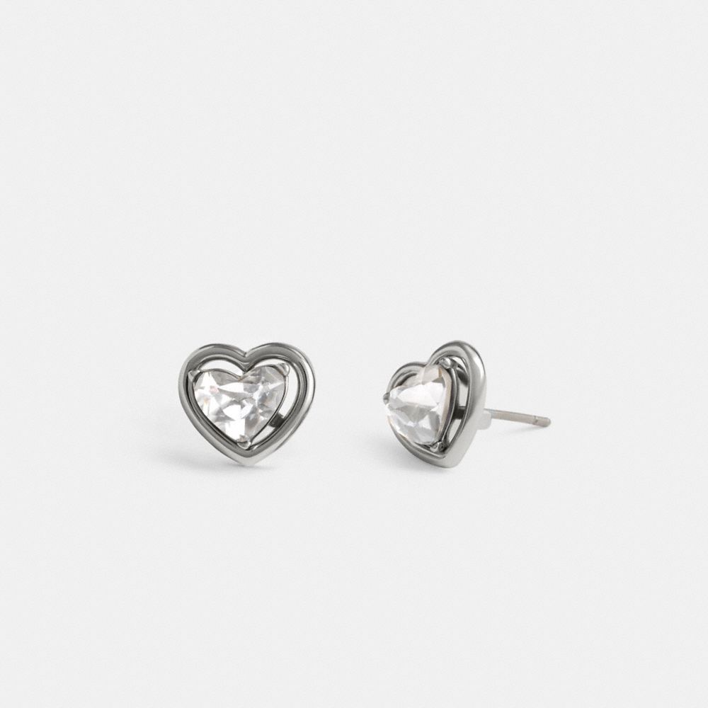 COACH®,Halo Heart Stud Earrings,Studs,Glass,Crystal,Cubic Zirconia,Gem Embellishment,Brass,Titanium,Casual,Clear,Front View