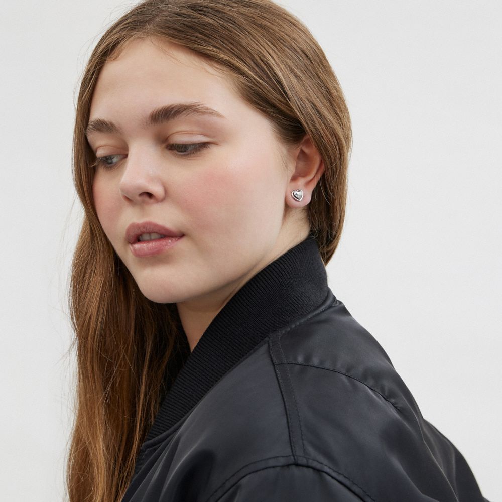 COACH®,Halo Heart Stud Earrings,Studs,Glass,Crystal,Cubic Zirconia,Gem Embellishment,Brass,Titanium,Casual,Clear,Detail View