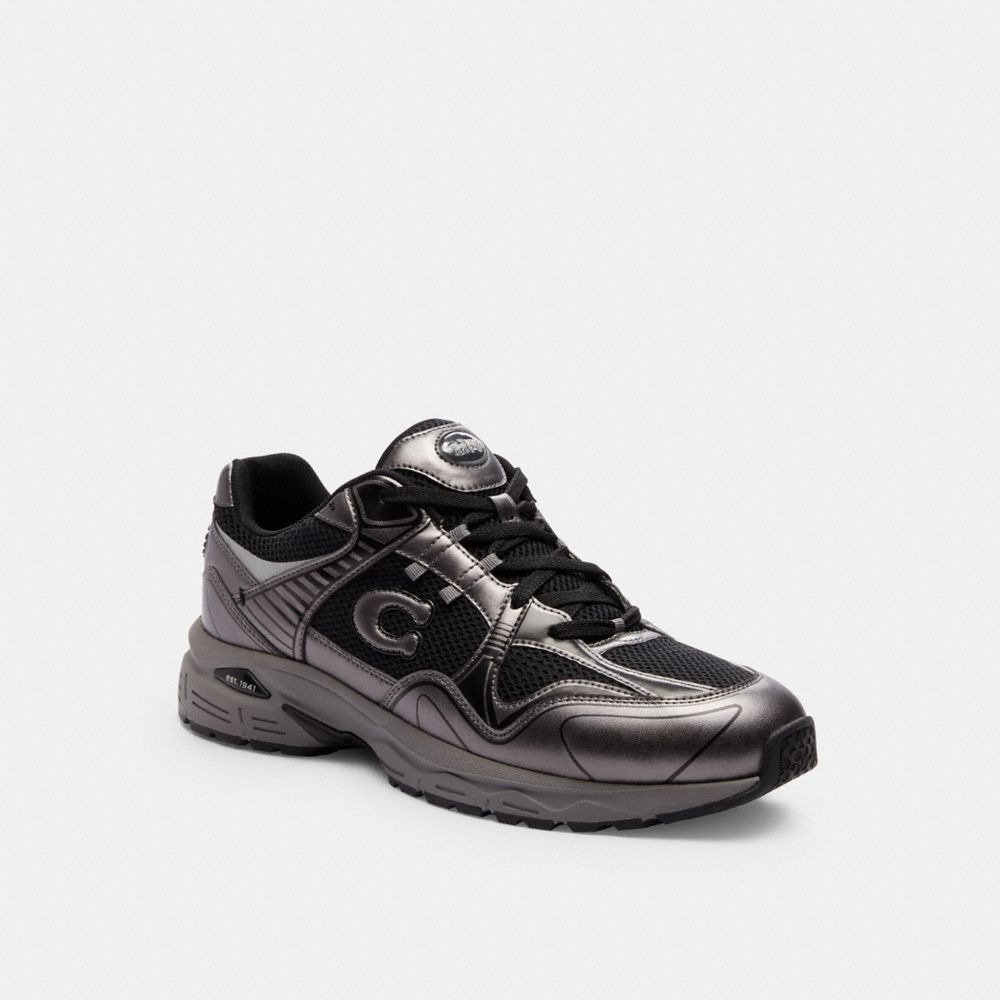 COACH®,C301 Sneaker,Rubber,Casual,Color Block,Mixed Media,Logo,Stripe,Traction,Casual,Black,Front View