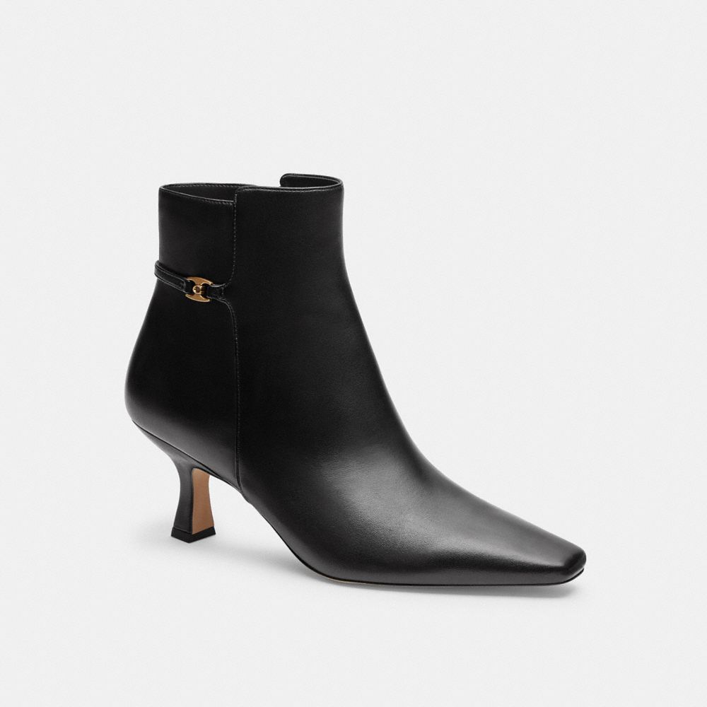 COACH®,Rebecca Bootie,Rubber,Leather,Bootie,Shoe Straps,Metal,Logo,Pull Tab,Day Party,Black,Front View
