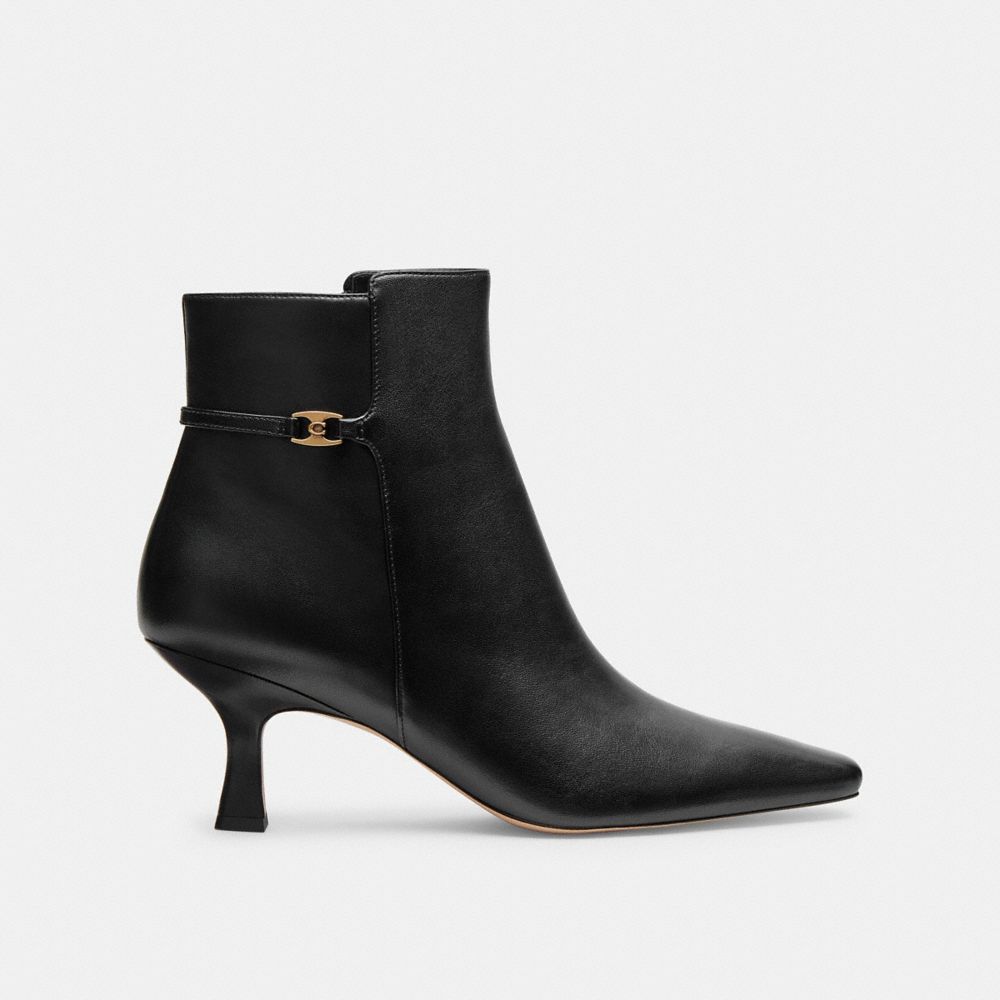 COACH®,Rebecca Bootie,Rubber,Leather,Bootie,Shoe Straps,Metal,Logo,Pull Tab,Day Party,Black,Angle View