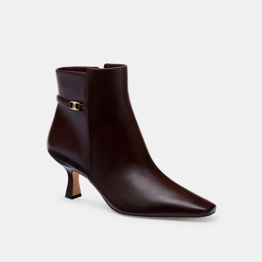 COACH®,Rebecca Bootie,Rubber,Leather,Bootie,Shoe Straps,Metal,Logo,Pull Tab,Day Party,Brown,Front View