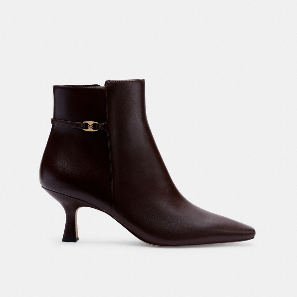 COACH®,Rebecca Bootie,Rubber,Leather,Bootie,Shoe Straps,Metal,Logo,Pull Tab,Day Party,Brown,Angle View