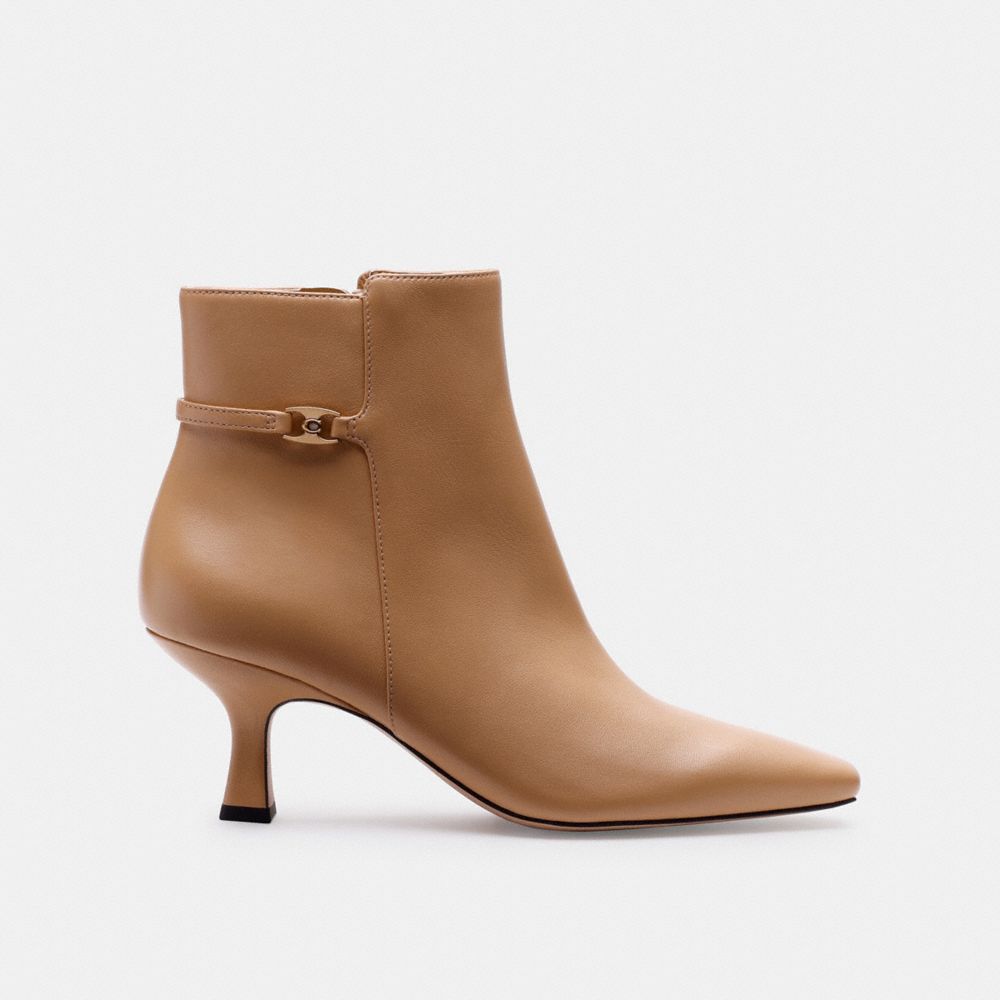COACH®,Rebecca Bootie,Rubber,Leather,Bootie,Shoe Straps,Metal,Logo,Pull Tab,Day Party,Brown,Angle View