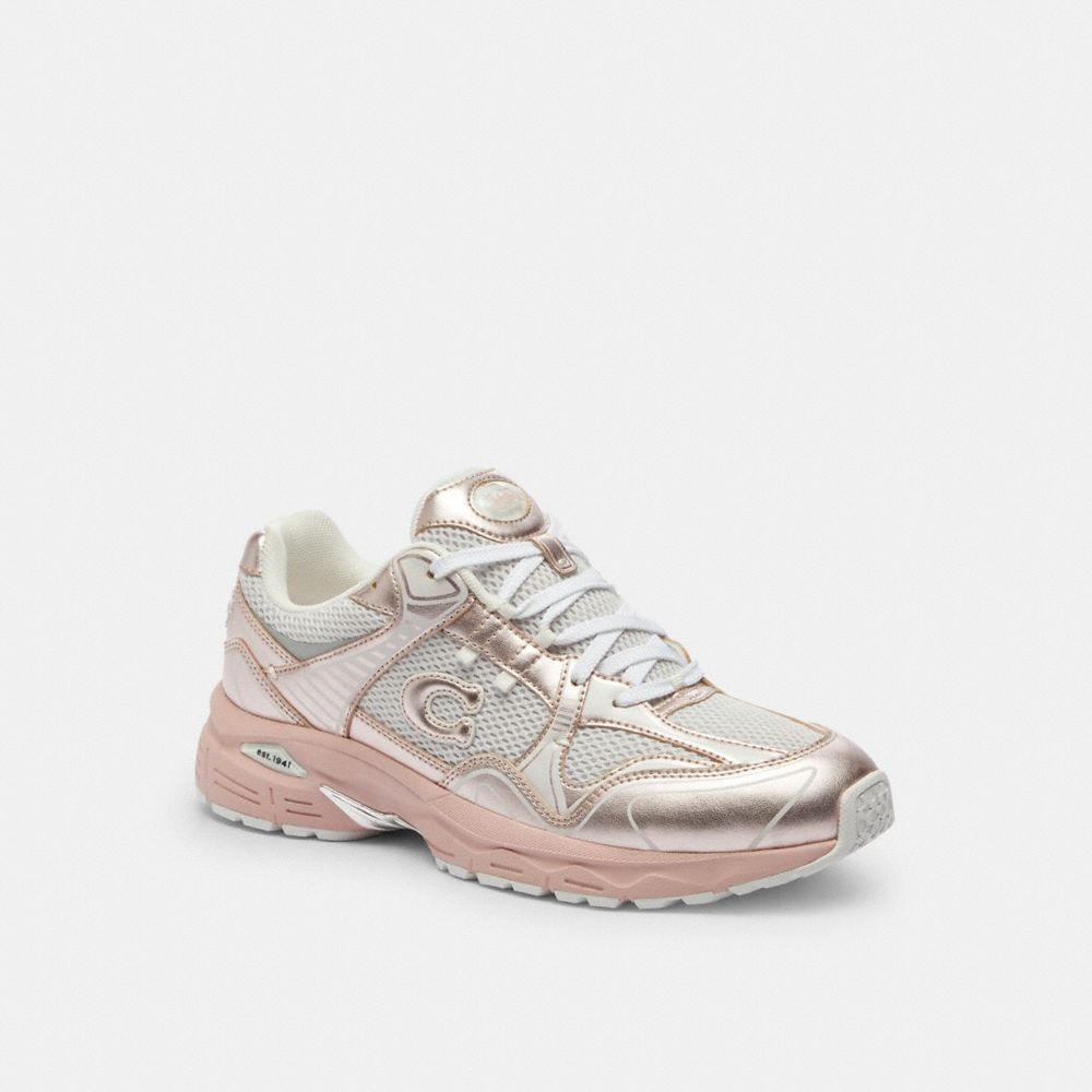 COACH®,C301 Sneaker,Leather,Rubber,Mesh,Lining Fabric,EVA,Activewear,Mixed Media,Logo,Traction,Running,Cream,Front View