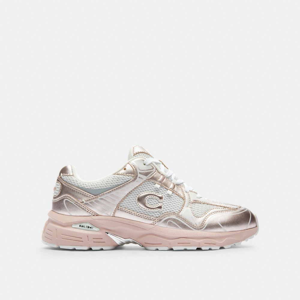 COACH®,C301 Sneaker,Leather,Rubber,Mesh,Lining Fabric,EVA,Activewear,Mixed Media,Logo,Traction,Running,Cream,Angle View