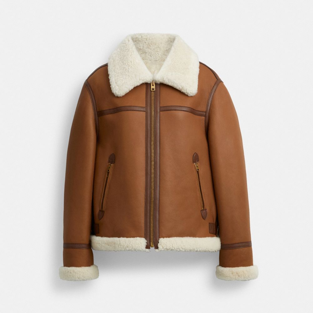 COACH®,Shearling Aviator,Shearling,Shearling,Fur Embellishment,Piping,Color Block,Casual,Brown,Front View