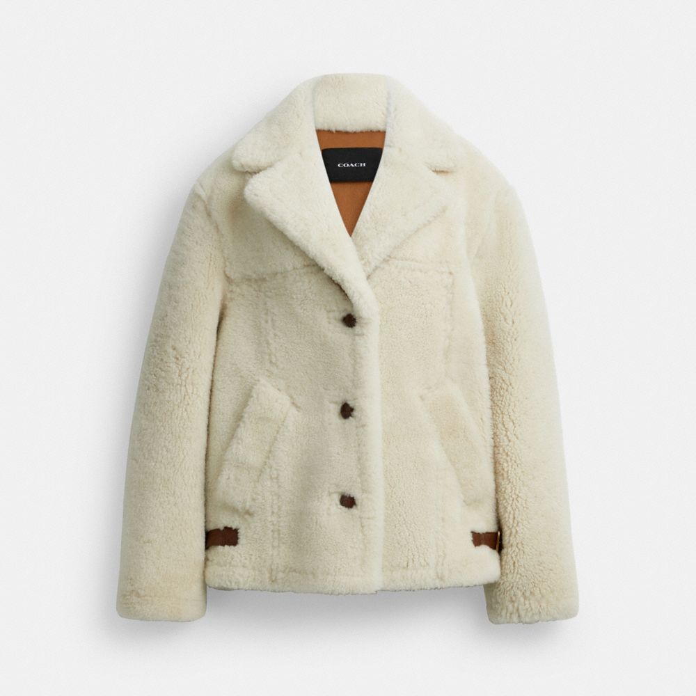 COACH®,Shearling Cardi Coat,Shearling,Teddy,Casual,Cream,Front View