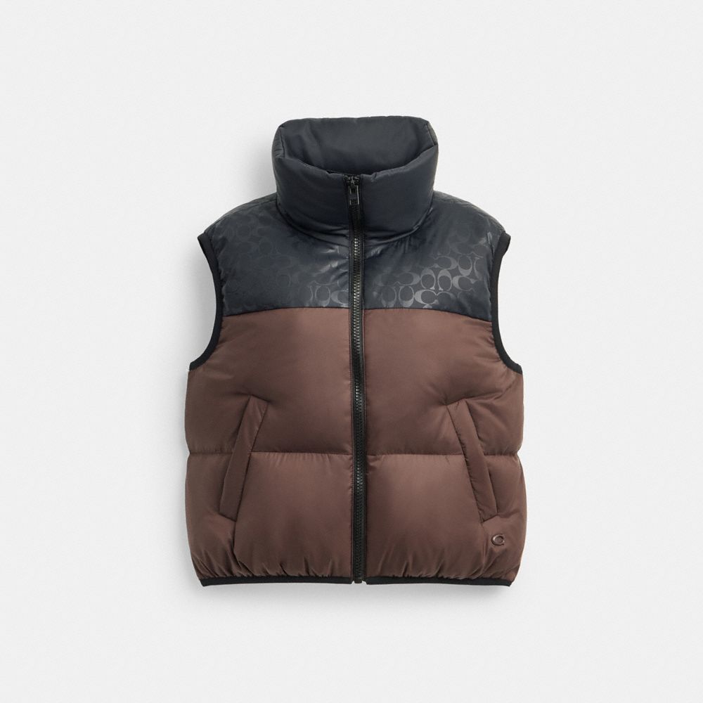 COACH®,Puffer Vest In Recycled Polyamide,Quilted,Puffer,Vest,Piping,Pattern,Color Block,Sustainable,Down Insulation,Casual,Brown,Front View