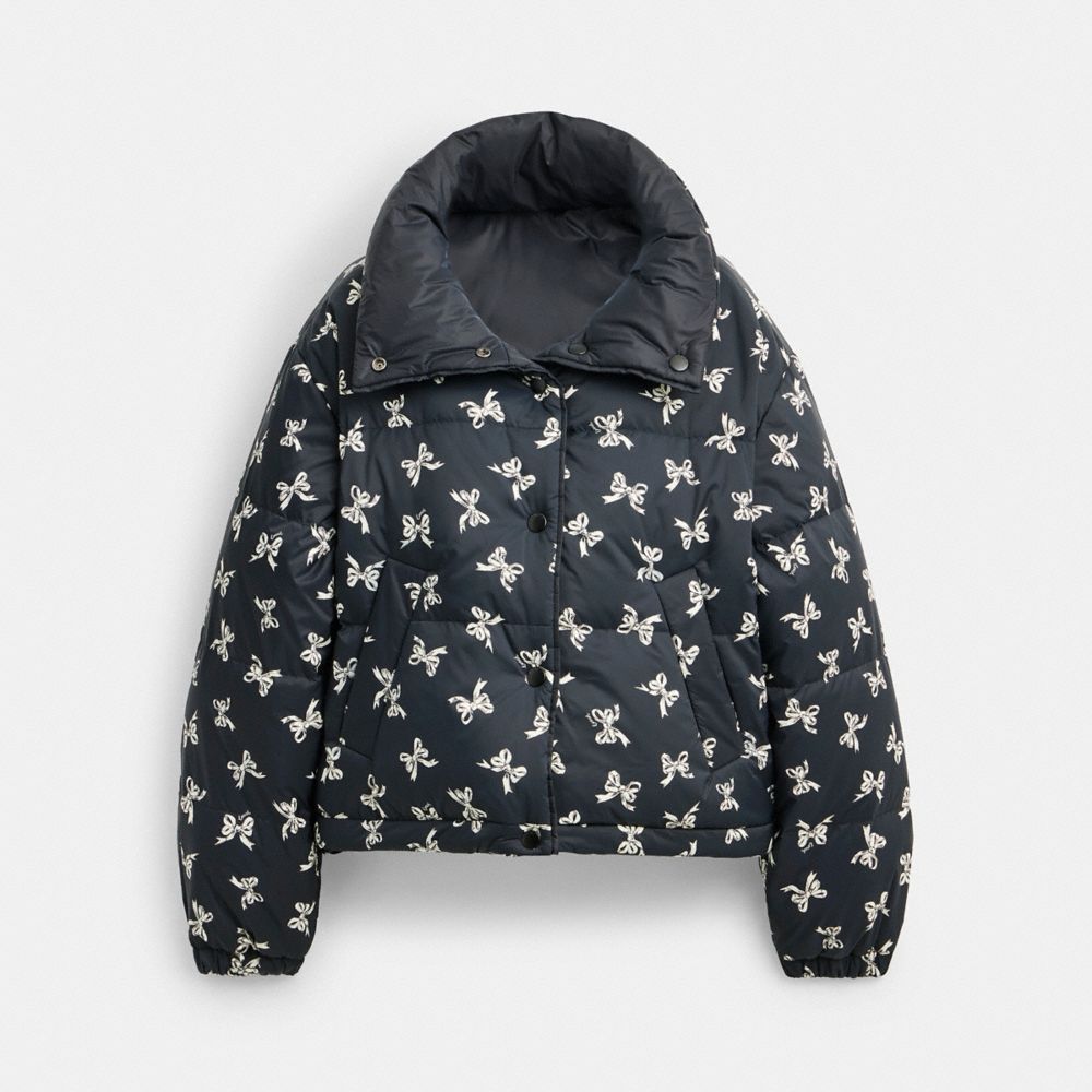 COACH®,Reversible Cropped Puffer In Recycled Polyamide,Puffer,Quilted,Bow,Sustainable,Down Insulation,Casual,Black,Front View