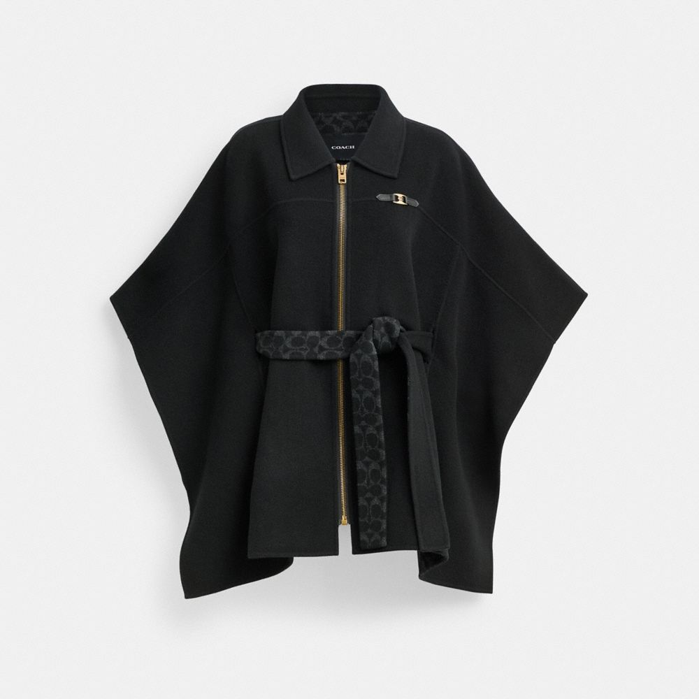COACH®,Double Face Wool Cape,Cupro,Wool,Cashmere,Cape,Metal,Logo,Tie Belt,Casual,Black,Front View