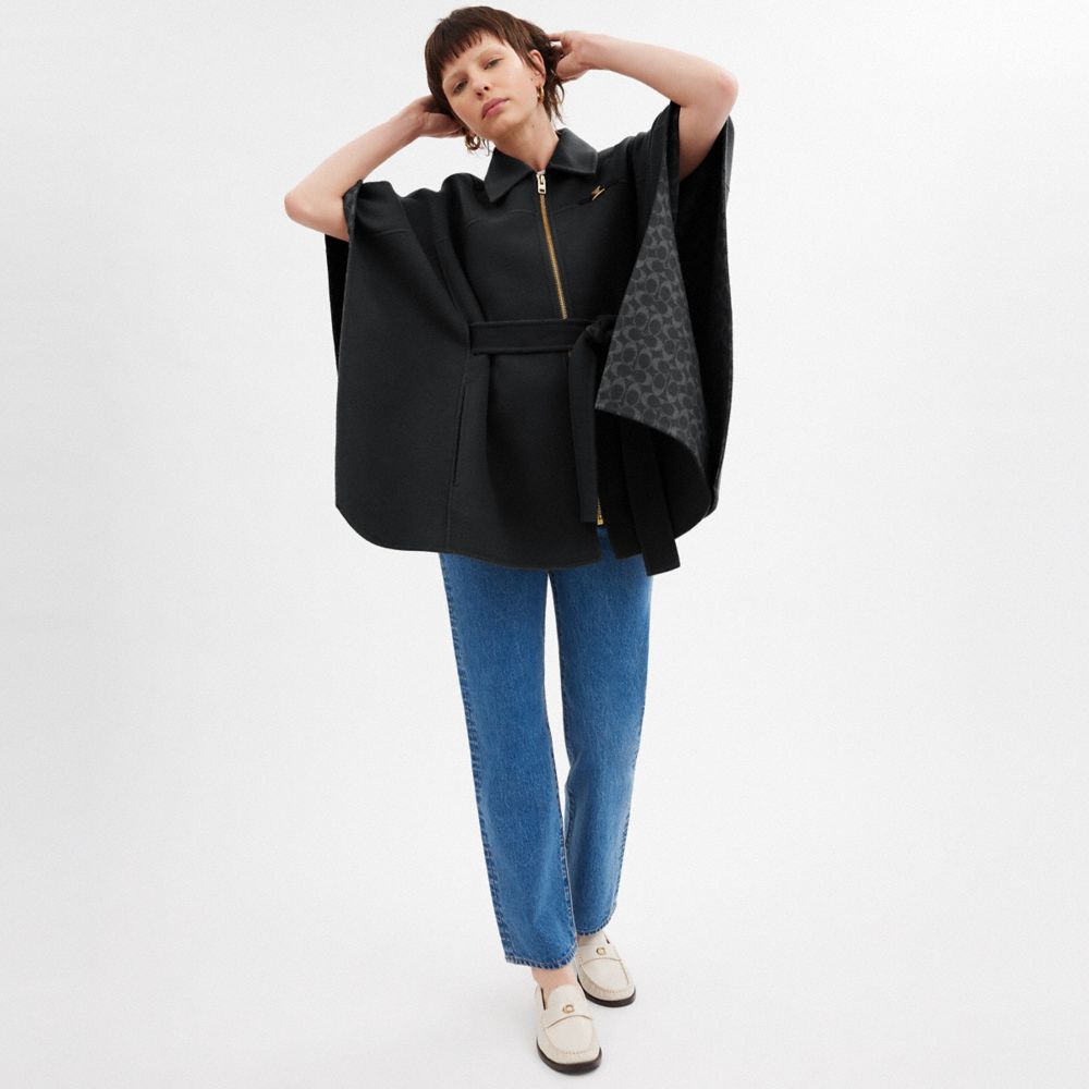 COACH®,Double Face Wool Cape,Cupro,Wool,Cashmere,Cape,Metal,Logo,Tie Belt,Casual,Black,Scale View