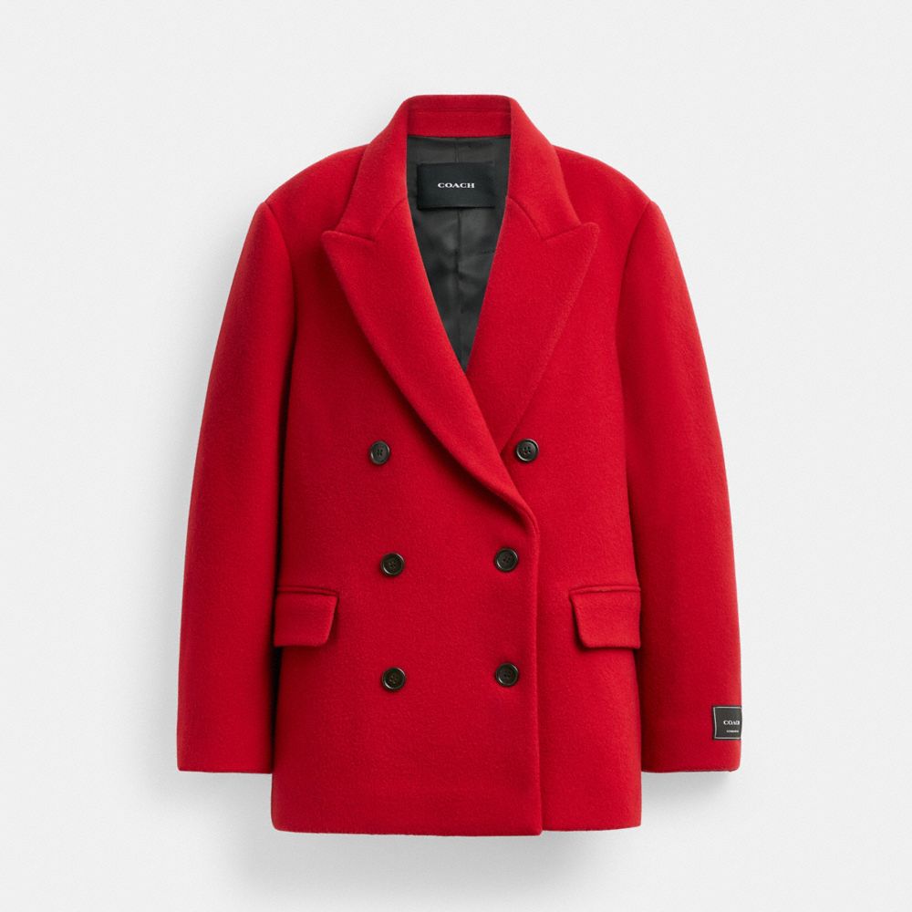 COACH®,Short Coat,Peacoat,Applique,Logo,Sustainable,Work,Red,Front View