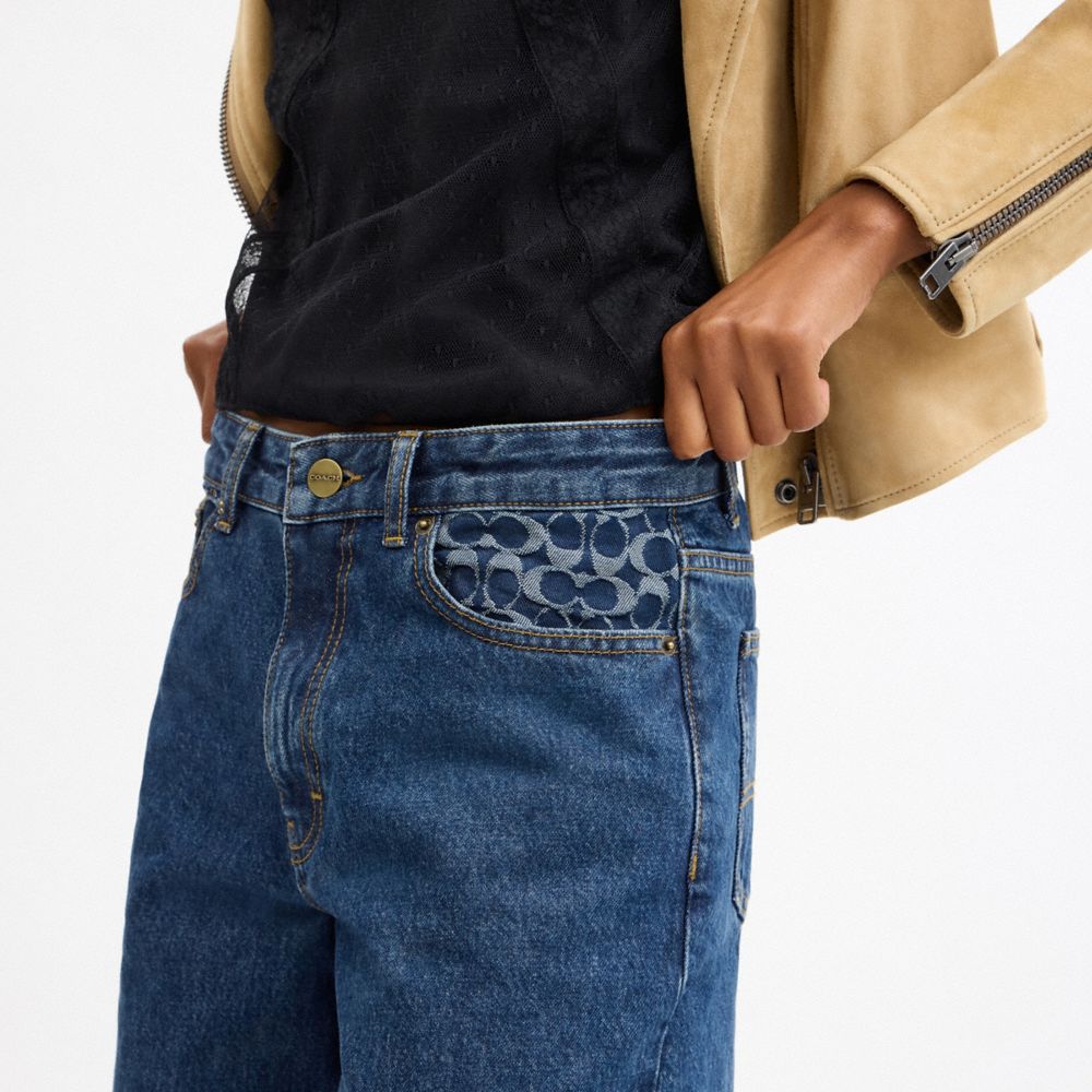 COACH®,Baggy Denim Pants,Cotton,Wide Leg,Logo,Pattern,Casual,,Detail View