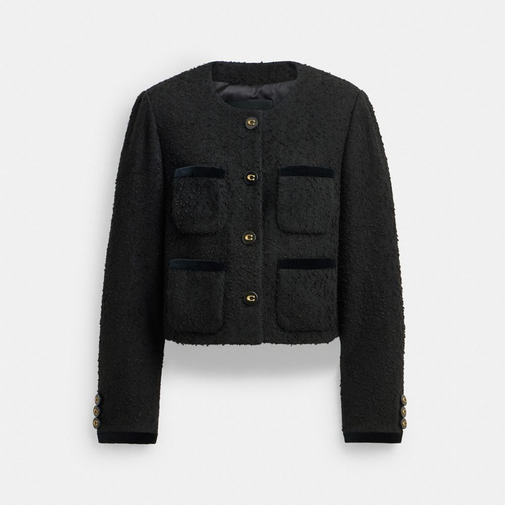 COACH®,Boucle Jacket,Cotton,Tweed,Logo,Metal,Sustainable,Casual,Black,Front View