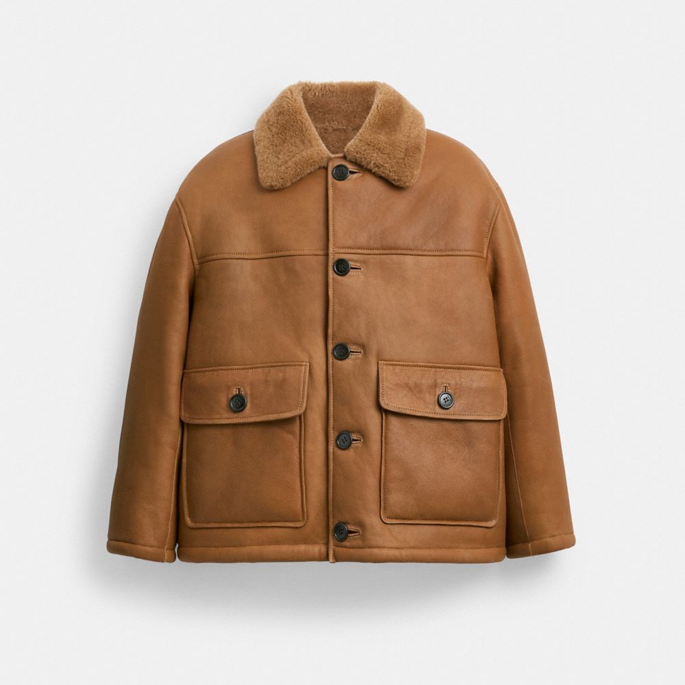 COACH®,Classic Shearling Coat,Shearling,Shearling,Leather,Fur Embellishment,Casual,Brown,Front View