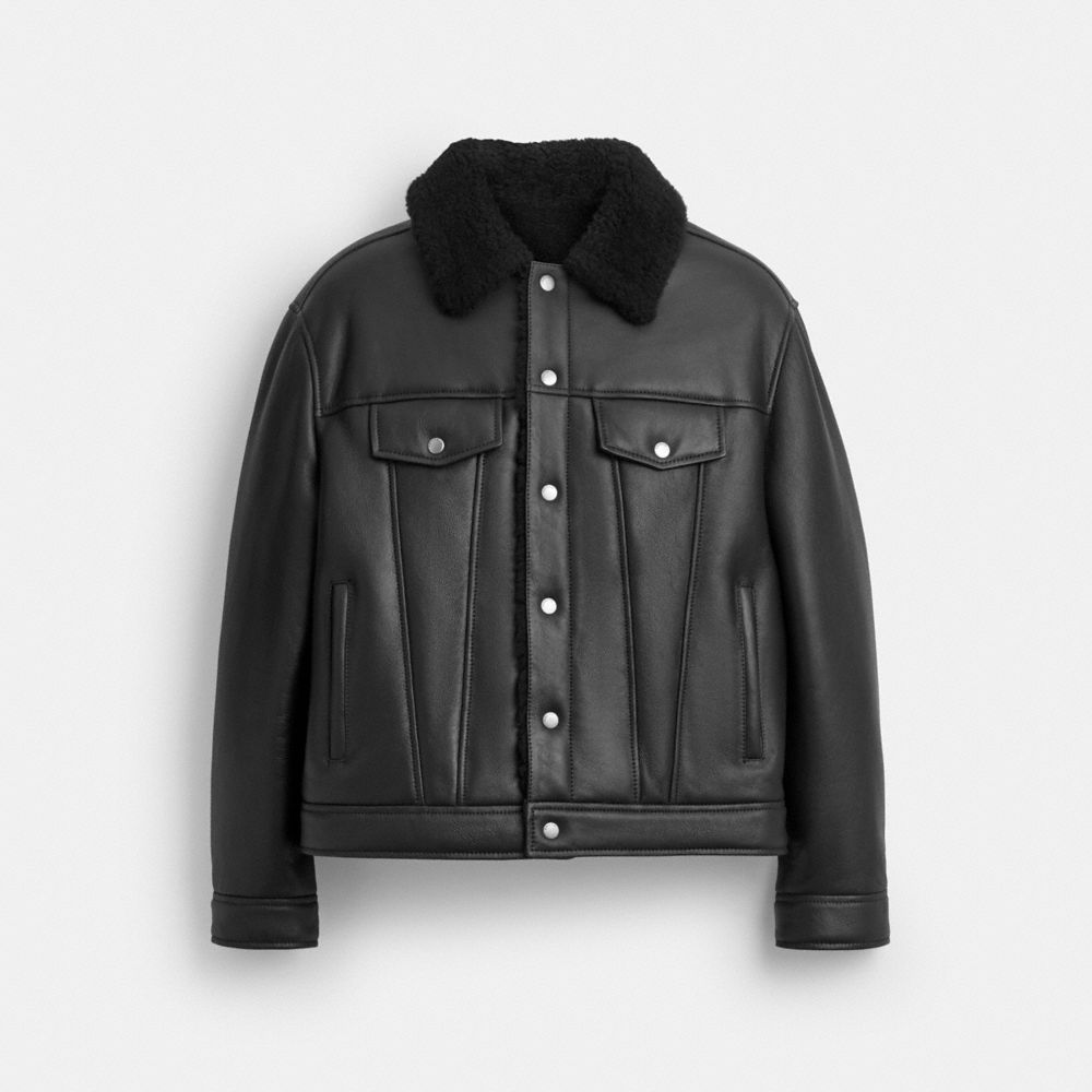 COACH®,Shearling Trucker Jacket,Shearling,Leather,Trucker,Button,Fur Embellishment,Casual,Black,Front View