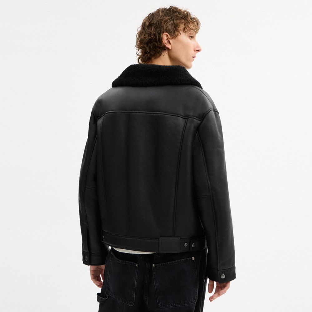COACH®,Shearling Trucker Jacket,Shearling,Leather,Trucker,Button,Fur Embellishment,Casual,Black,Scale View