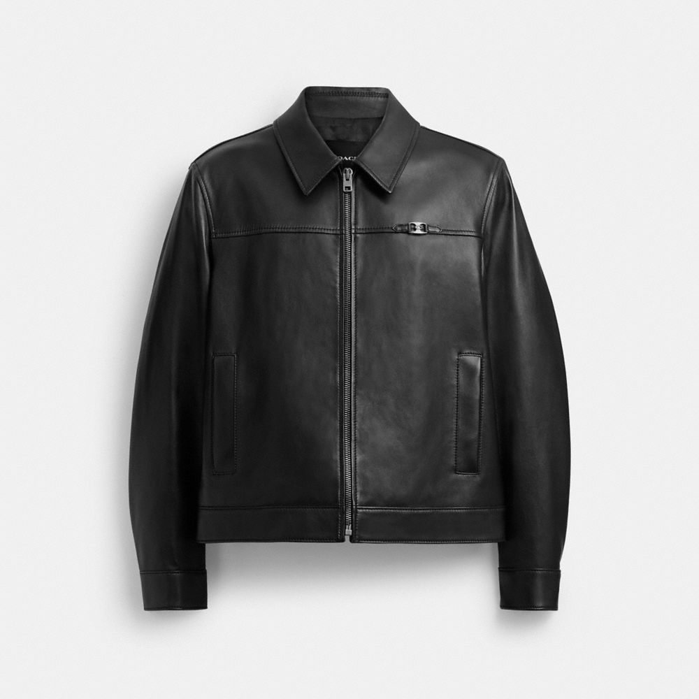 COACH®,Heritage C Lightweight Leather Jacket,Leather,Button,Logo,Metal,Zipper,Casual,Black,Front View
