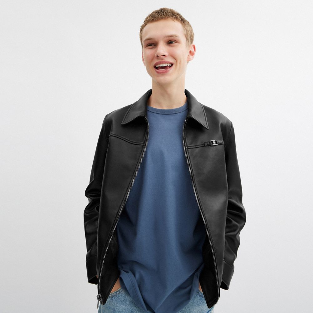 COACH®,Heritage C Lightweight Leather Jacket,Leather,Button,Logo,Metal,Zipper,Casual,Black,Scale View