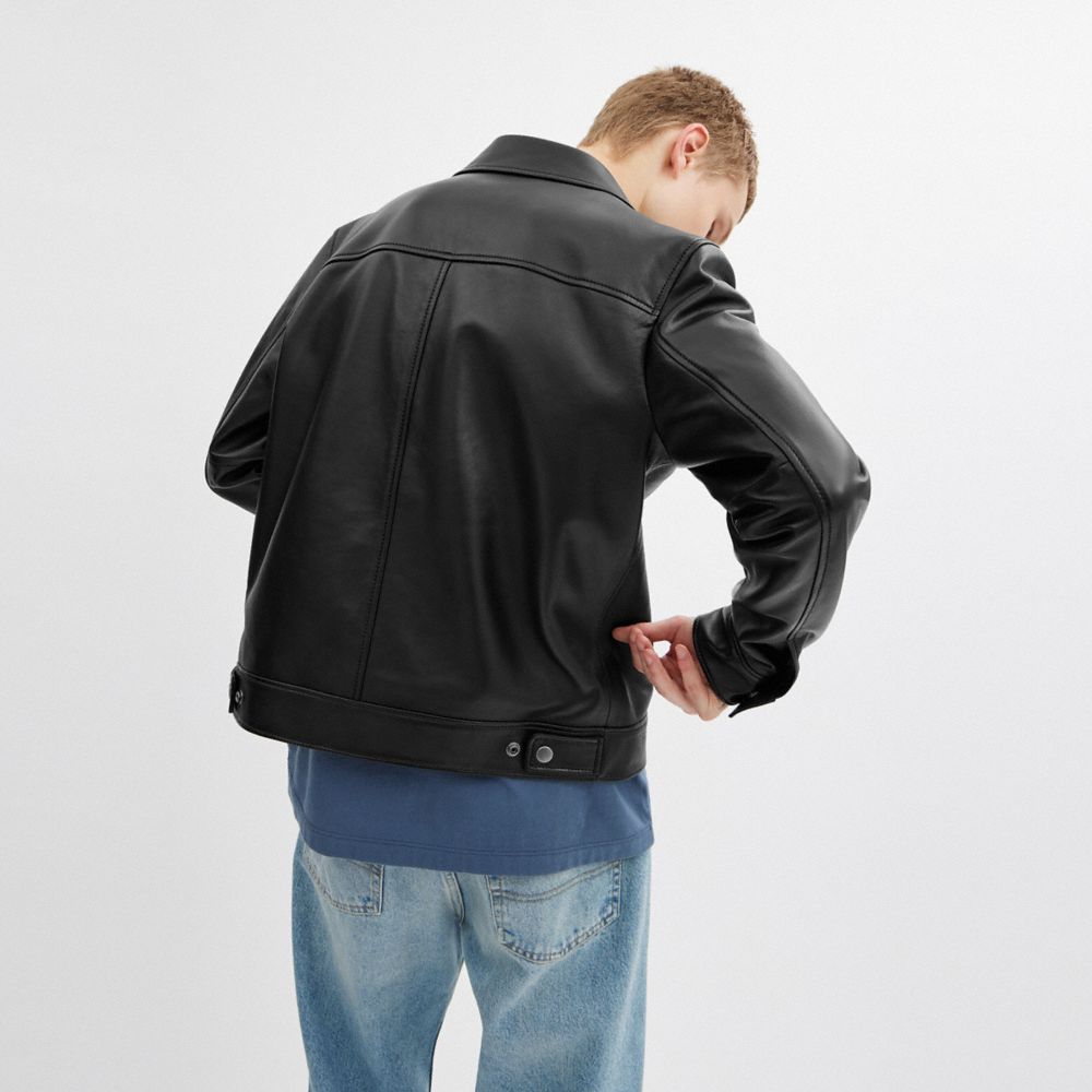 COACH®,Heritage C Lightweight Leather Jacket,Leather,Button,Logo,Metal,Zipper,Casual,Black,Scale View