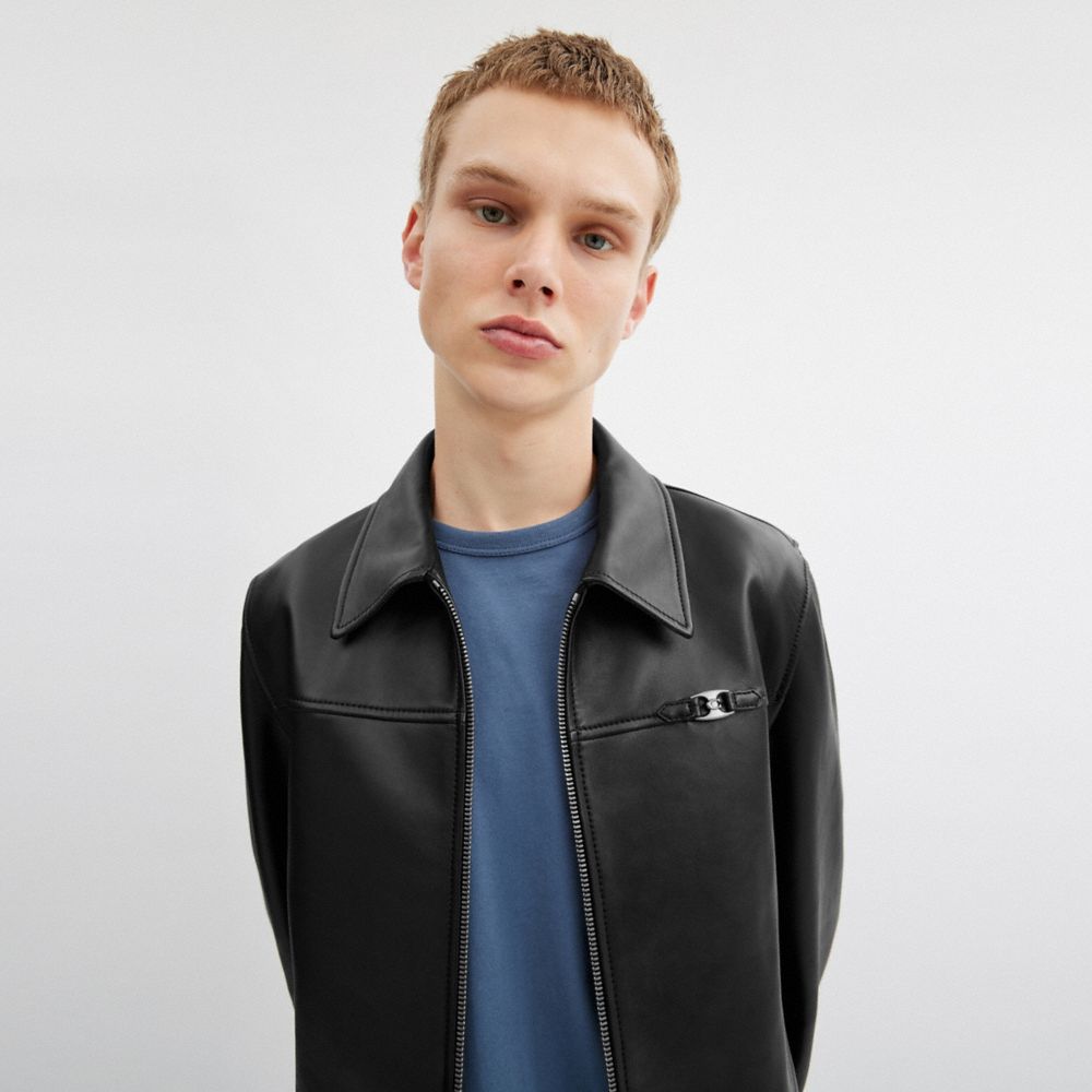 COACH®,Heritage C Lightweight Leather Jacket,Leather,Button,Logo,Metal,Zipper,Casual,Black,Detail View