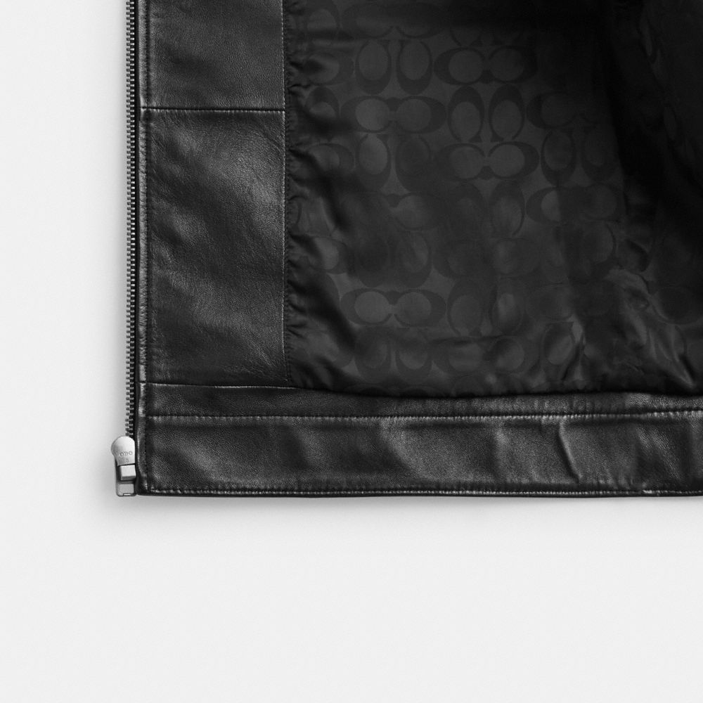 COACH®,Heritage C Lightweight Leather Jacket,Leather,Button,Logo,Metal,Zipper,Casual,Black,Inside View,Top View