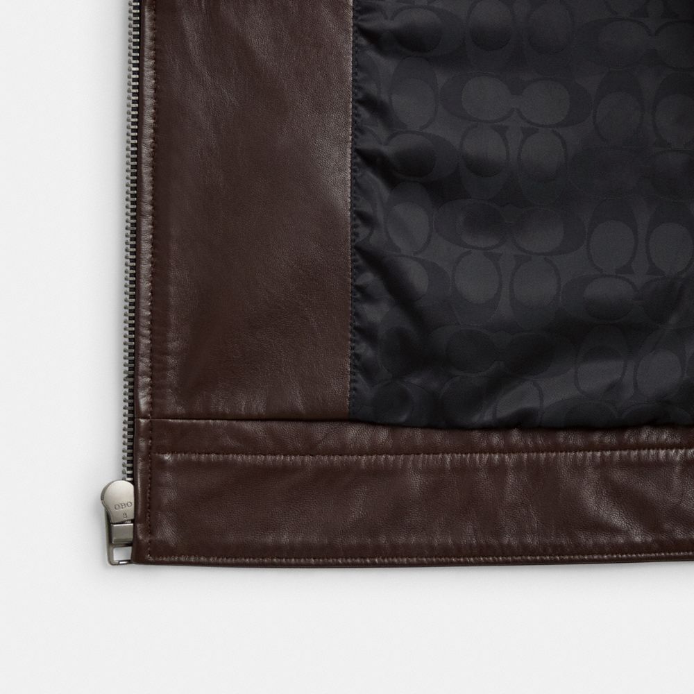 COACH®,Heritage C Lightweight Leather Jacket,Leather,Button,Logo,Metal,Zipper,Casual,Brown,Inside View,Top View