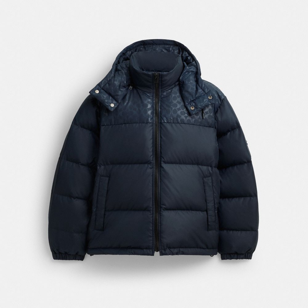 COACH®,Down Puffer Jacket In Recycled Polyester,Recycled Polyester,Puffer,Quilted,Down,Sustainable,Ripstop,Down Insulation...,Navy,Front View
