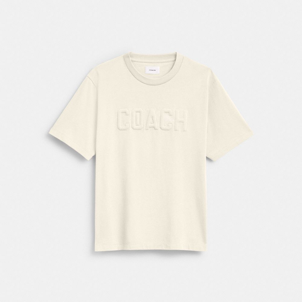 COACH®,Debossed T Shirt In Organic Cotton,Cotton,T Shirt,No Embellishment,Casual,Cream,Front View