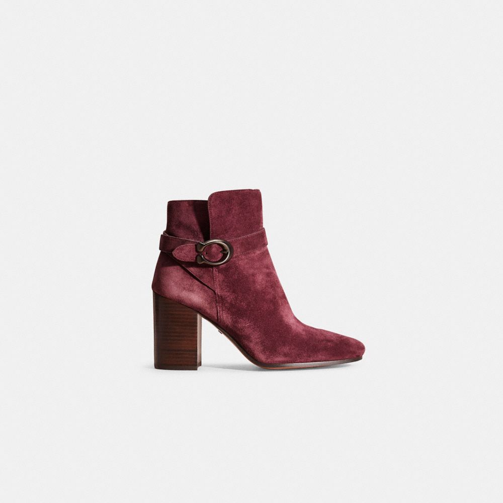 COACH®,Restored Delaney Signature Buckle Heel Bootie,Suede,Leather,Bootie,Belt,Pull Tab,Day Party,Maroon,Front View