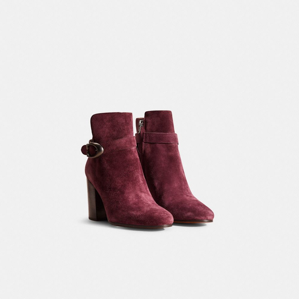 COACH®,Restored Delaney Signature Buckle Heel Bootie,Suede,Leather,Bootie,Belt,Pull Tab,Day Party,Maroon,Angle View