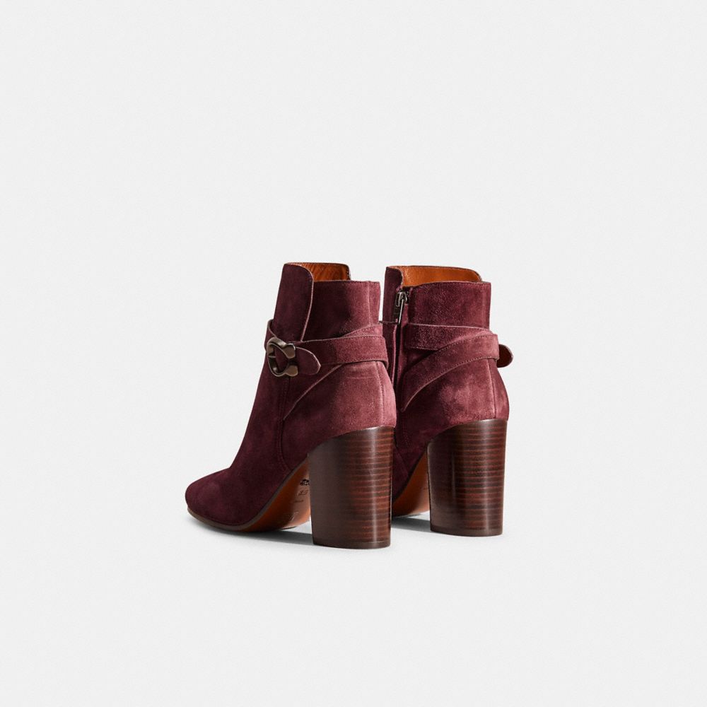 COACH®,Restored Delaney Signature Buckle Heel Bootie,Suede,Leather,Bootie,Belt,Pull Tab,Day Party,Maroon,Back View