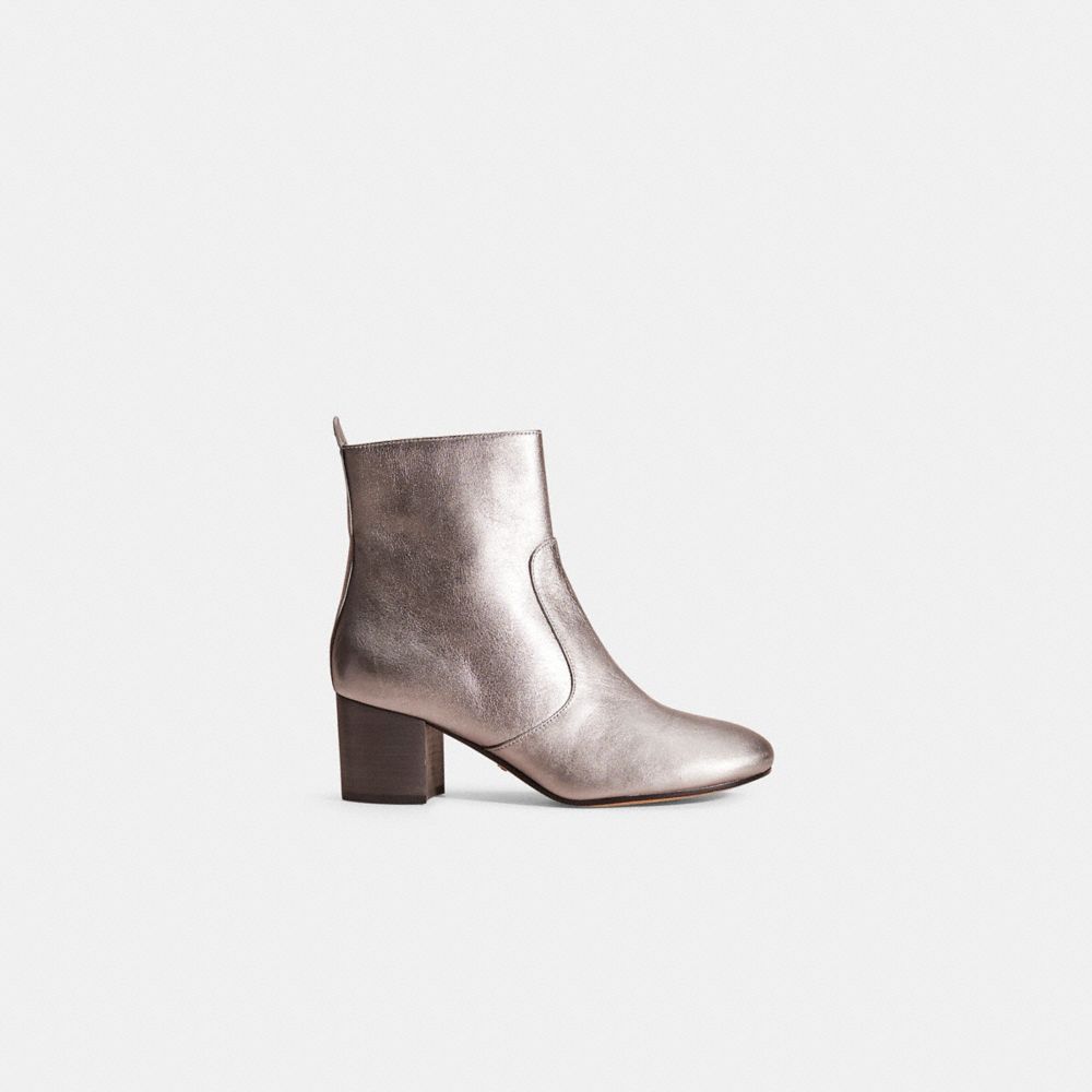 COACH®,Restored Juliet Ankle Bootie,Metallic,Leather,Bootie,Pull Tab,Day Party,Metallic,Silver,Front View
