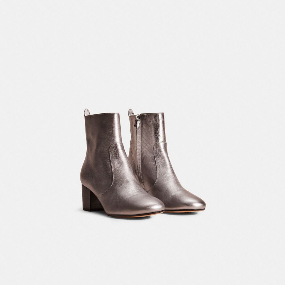 COACH®,Restored Juliet Ankle Bootie,Metallic,Leather,Bootie,Pull Tab,Day Party,Metallic,Silver,Angle View