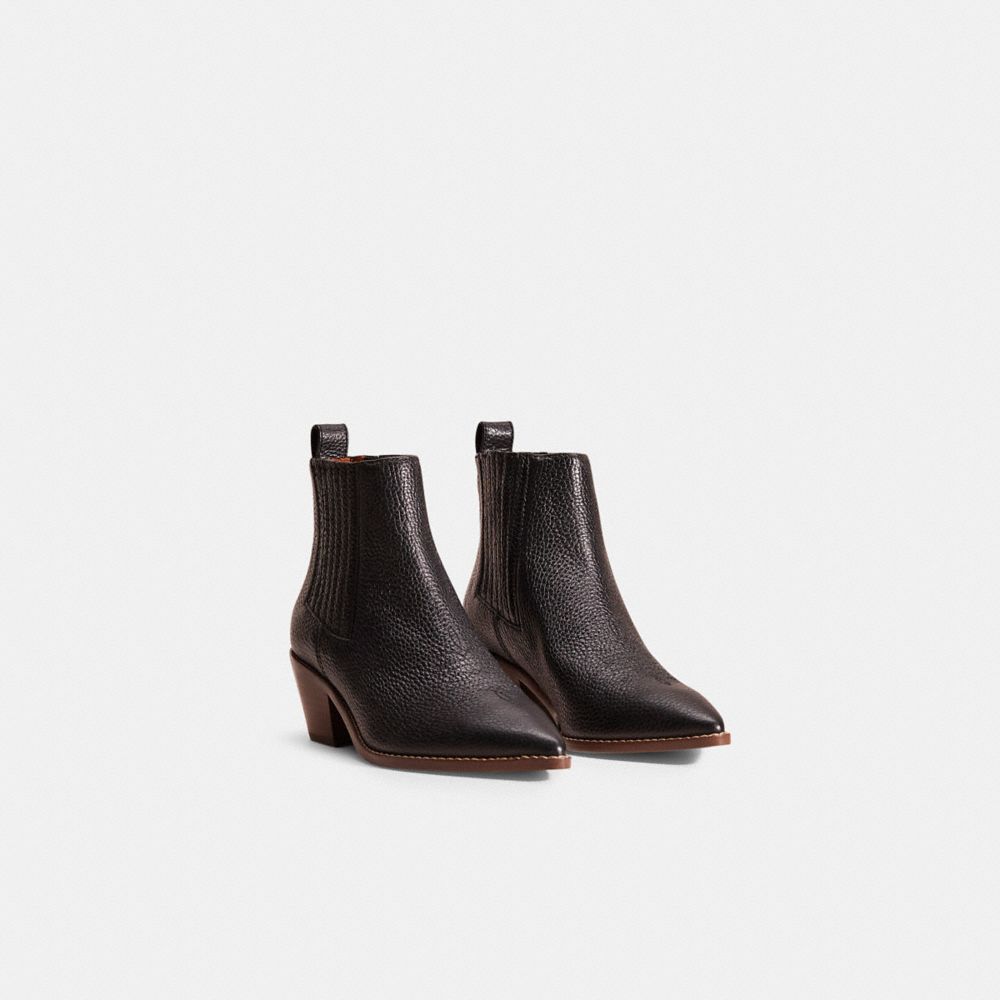 COACH®,Restored Melody Bootie,Denim,Leather,Rubber,Chelsea Boots,Logo,Metal,Pull Tab,Elastic Gore,Day Party,Black,Angle View