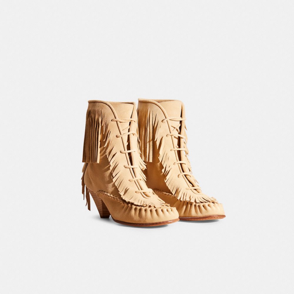 COACH®,Restored Fringe Boot,Suede,Leather,Bootie,Whipstitch,Tassel,Fringe,Day Party,Beige,Angle View