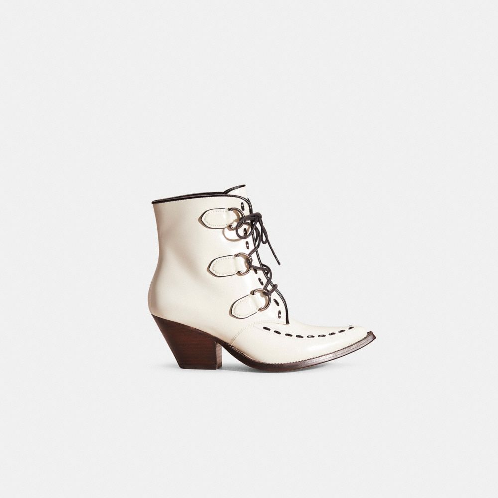 COACH®,Restored Lace Up Chain Bootie,Leather,Bootie,Lace Up,Piping,Pull Tab,Day Party,White,Front View