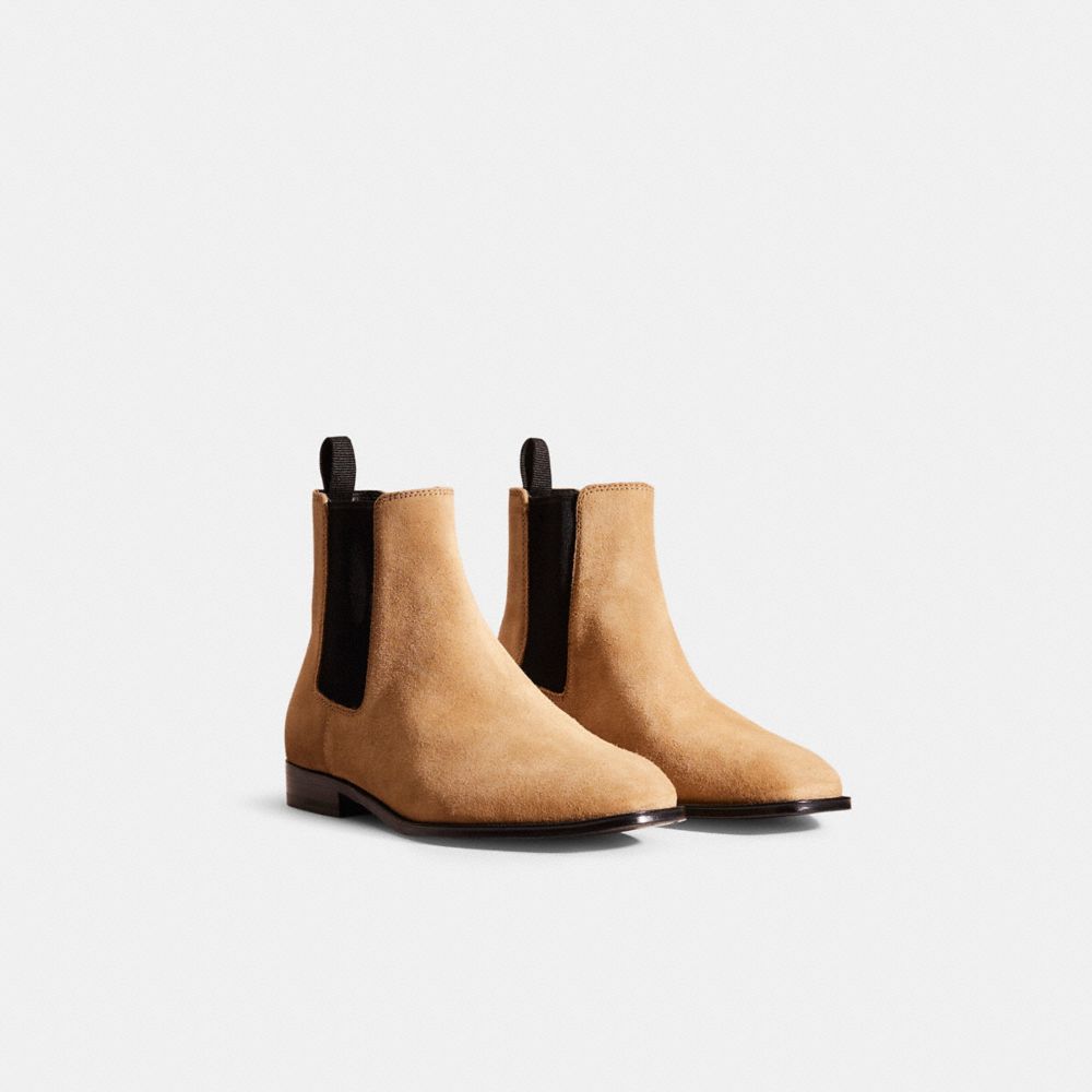 COACH®,Restored Metropolitan Chelsea Boot,Suede,Chelsea Boots,Pull Tab,Elastic Gore,Business Casual,Beige,Angle View
