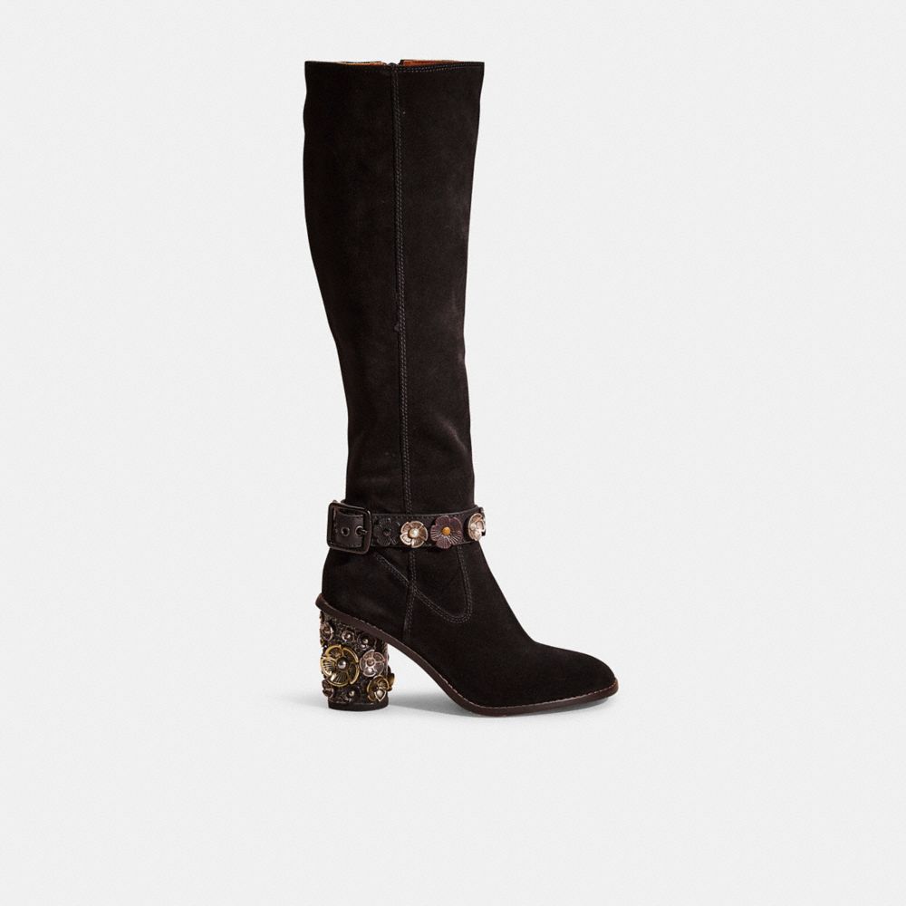 COACH®,Upcrafted Tea Rose Heel Boot,Suede,Leather,Boots,3D Embellishment,Metal,Mixed Metal,Cocktail,Black,Front View