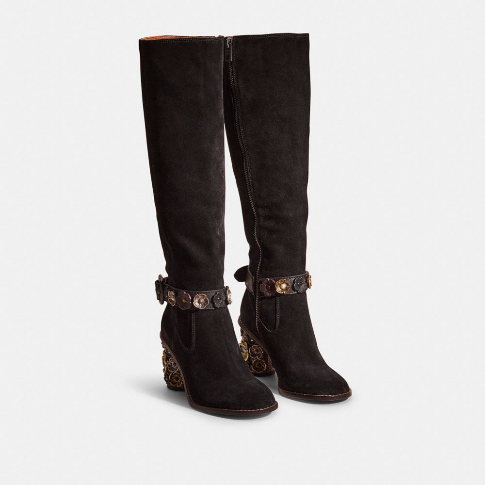 COACH®,Upcrafted Tea Rose Heel Boot,Suede,Leather,Boots,3D Embellishment,Metal,Mixed Metal,Cocktail,Black,Angle View