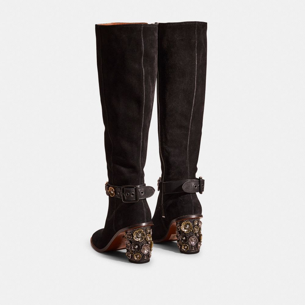 COACH®,Upcrafted Tea Rose Heel Boot,Suede,Leather,Boots,3D Embellishment,Metal,Mixed Metal,Cocktail,Black,Back View