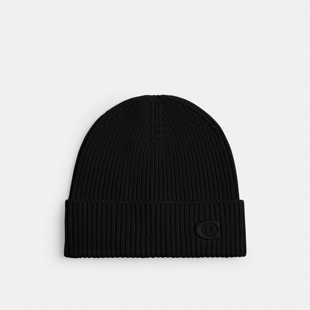 COACH®,Knit Beanie,Wool,Beanie,Logo,Embroidered,Casual,Black,Front View