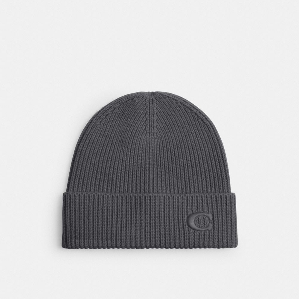 COACH®,Knit Beanie,Wool,Beanie,Logo,Embroidered,Casual,Gray,Front View